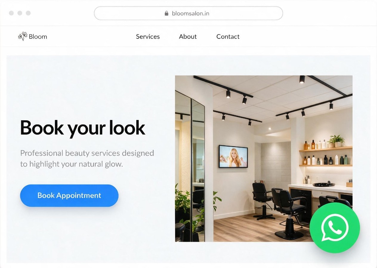 Bloom Salon business website with a floating WhatsApp button