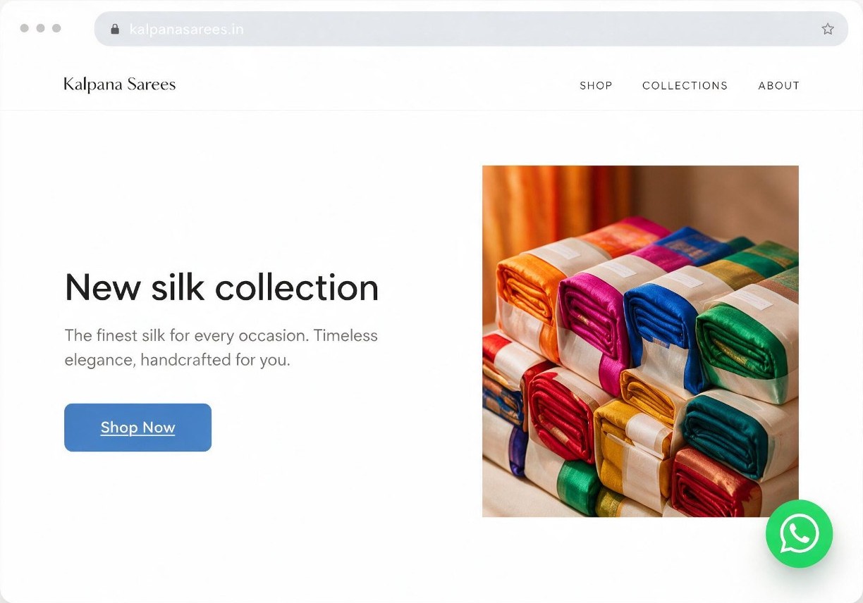 Kalpana Sarees business website with a floating WhatsApp button